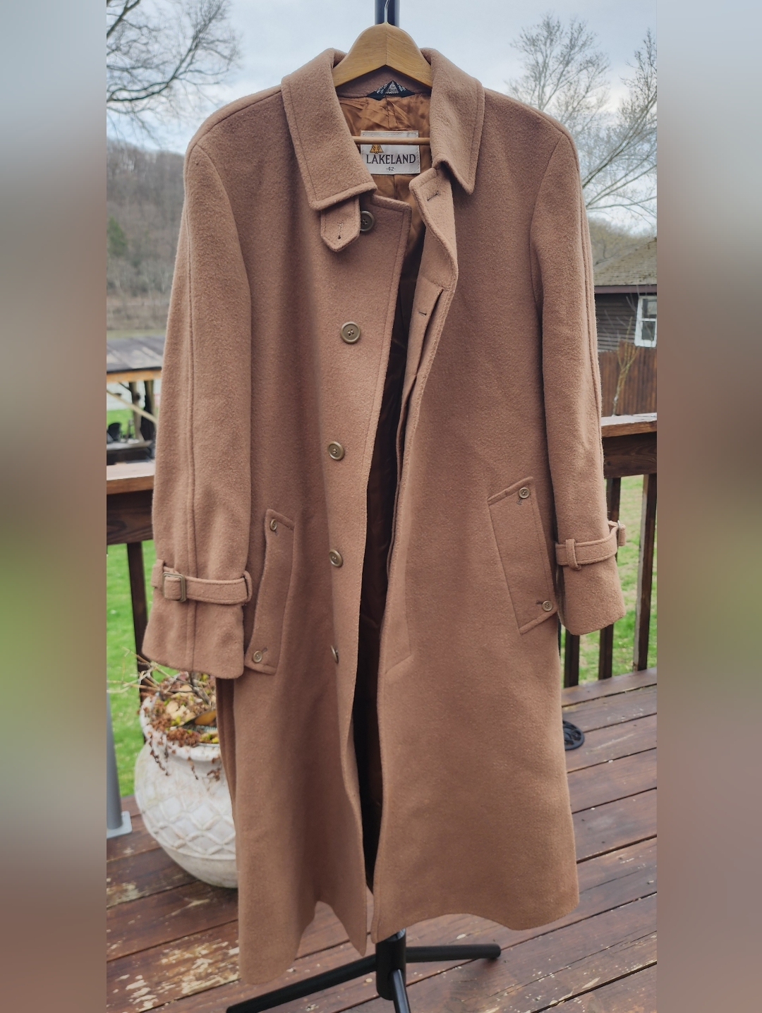 Vintage Lakeland 100% Pure Wool Camel Overcoat Coat Mens Classic Button Front
